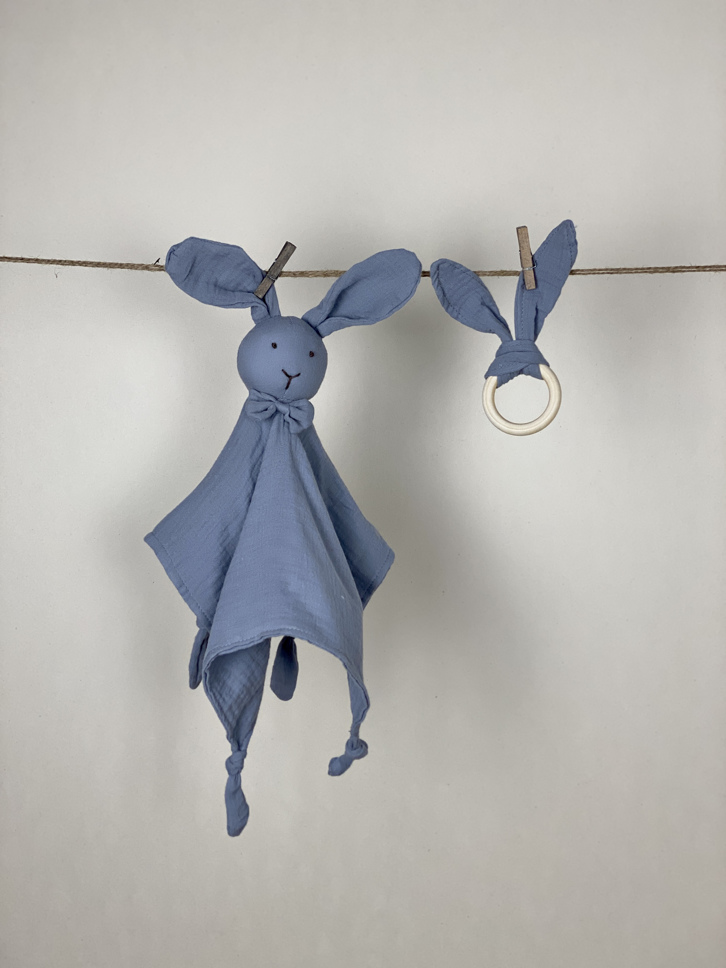 Schmusetuch mit Beißring Set Hase grau