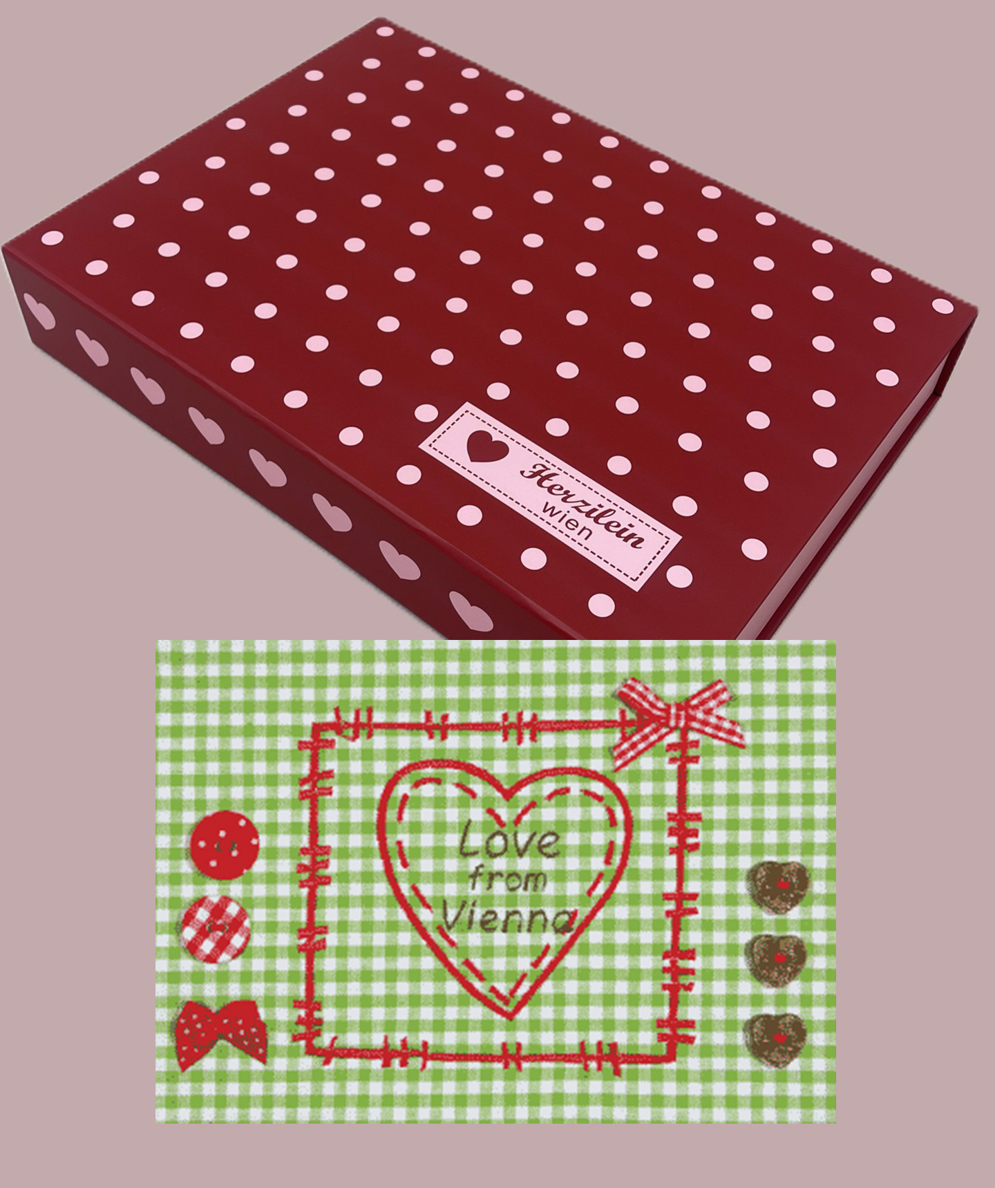 Herzilein-Geschenkbox mit Herzilein Grußkarte: Love From Vienna