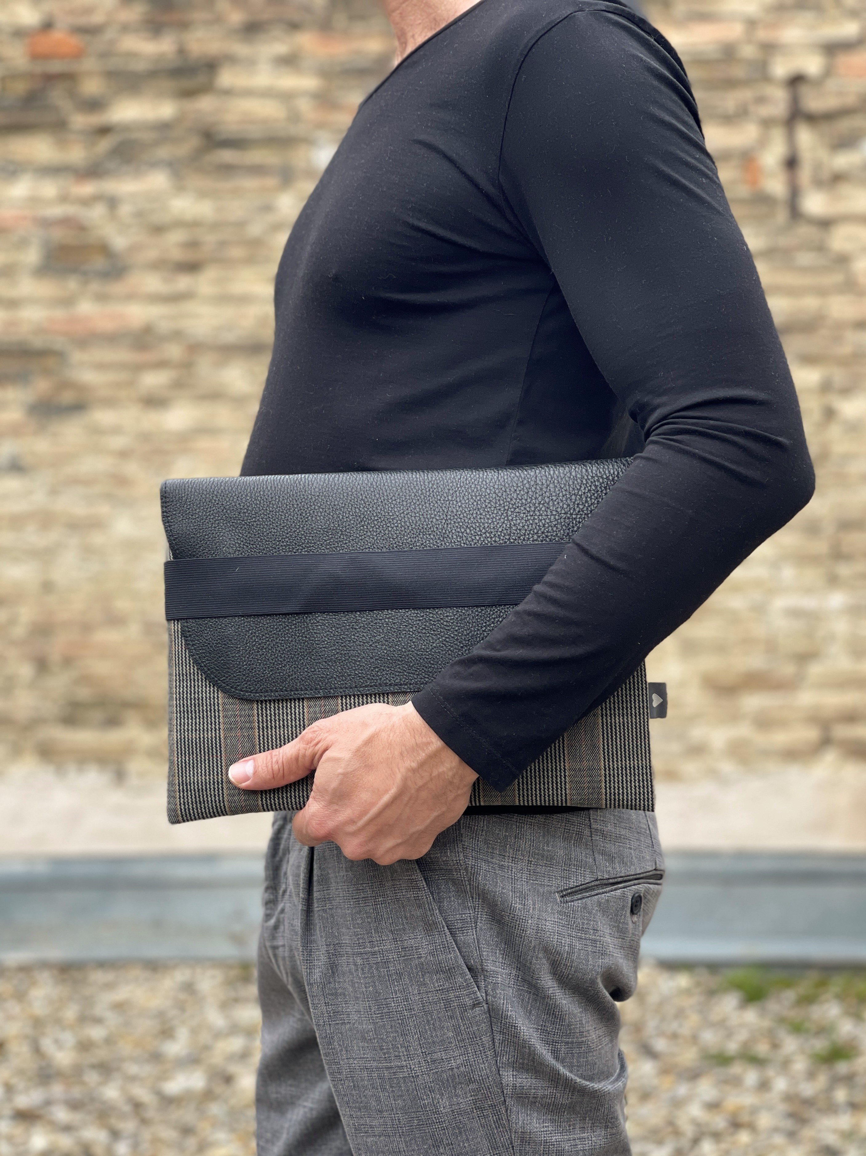 Laptoptasche Leder mit Stoff schwarz/grau